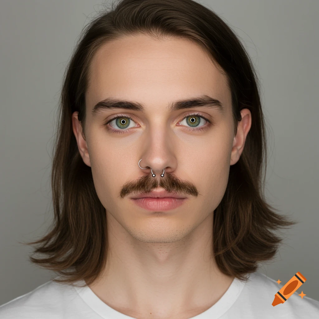 Close-up studio portrait of a person with long brown hair, mustache, nose piercings, and green eyes.
