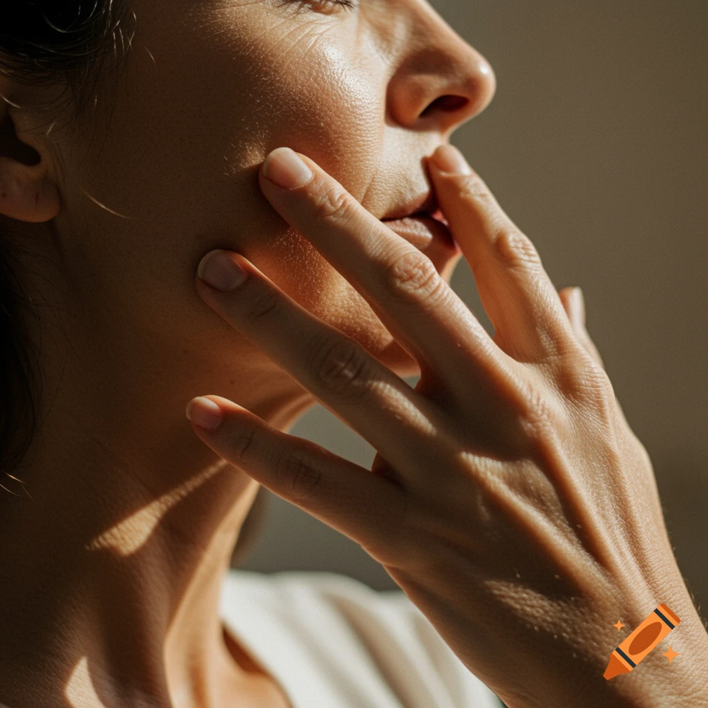 Close-up of a hand touching a face with natural light