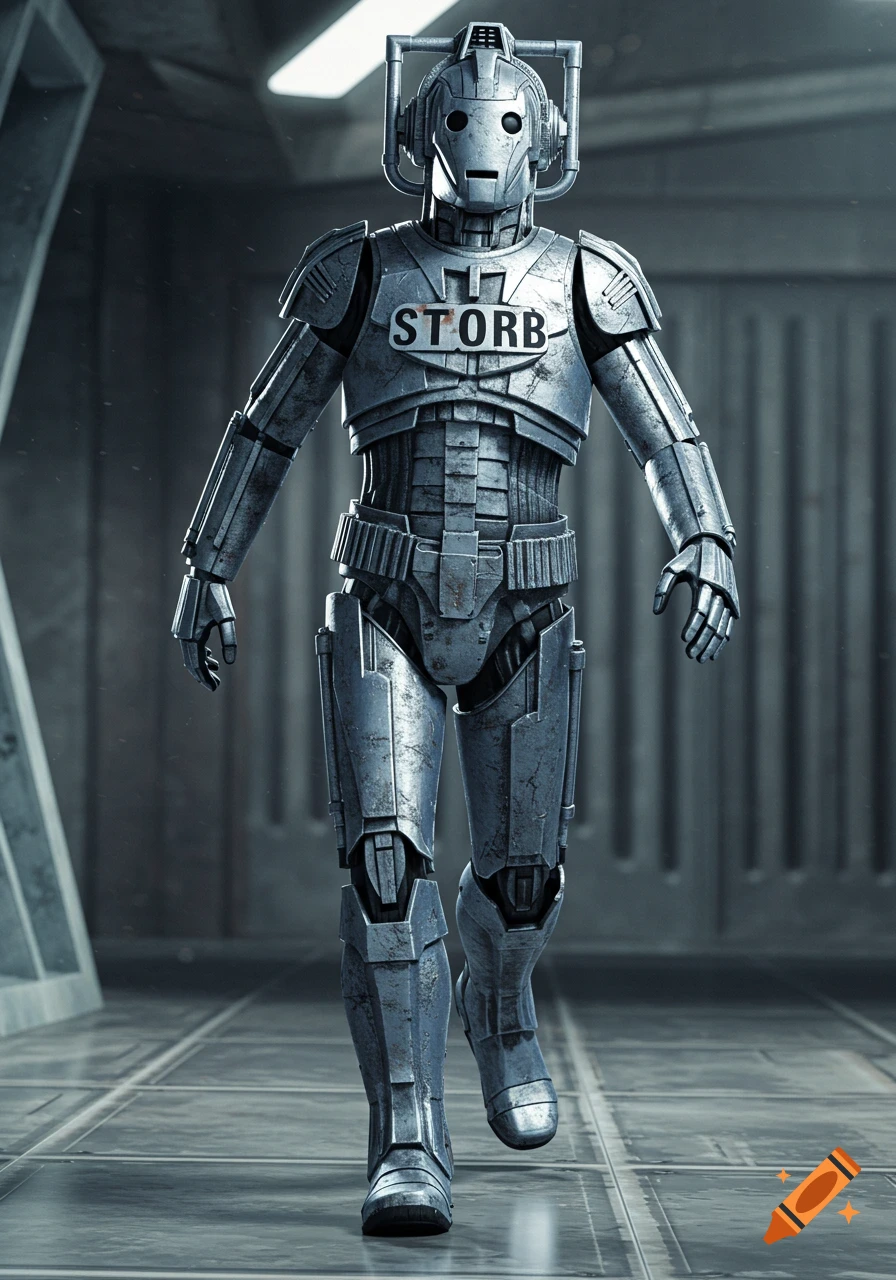 A realistic metallic robot figure resembling a Cyberman with 'STORB' on its chest walks in a futuristic corridor.