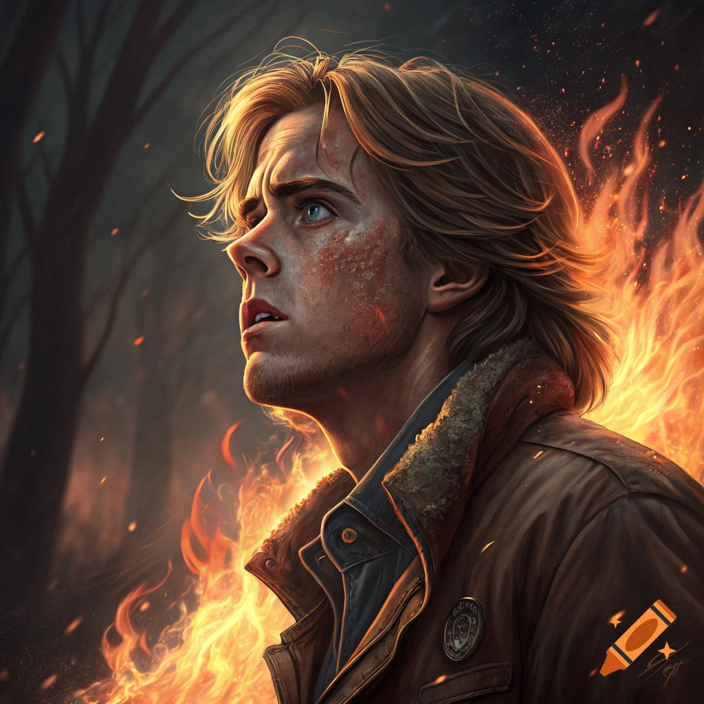 Dramatic portrait of a man in a jacket surrounded by flames.