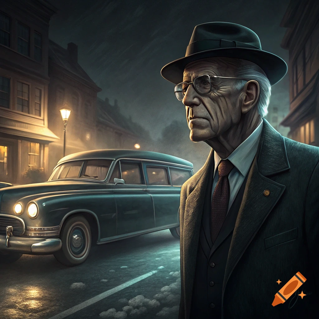 Portrait of an older man in a hat and suit standing on a street at night with a vintage car behind him.