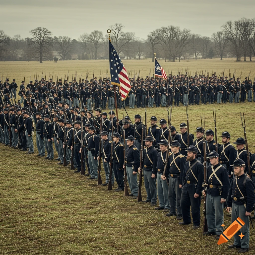 Photorealistic image of Union soldiers in formation with flags in a field.