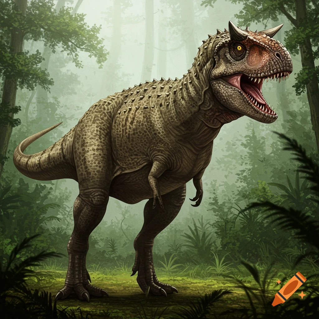 A Carnotaurus-like dinosaur with horns roars in a misty prehistoric forest illustration.