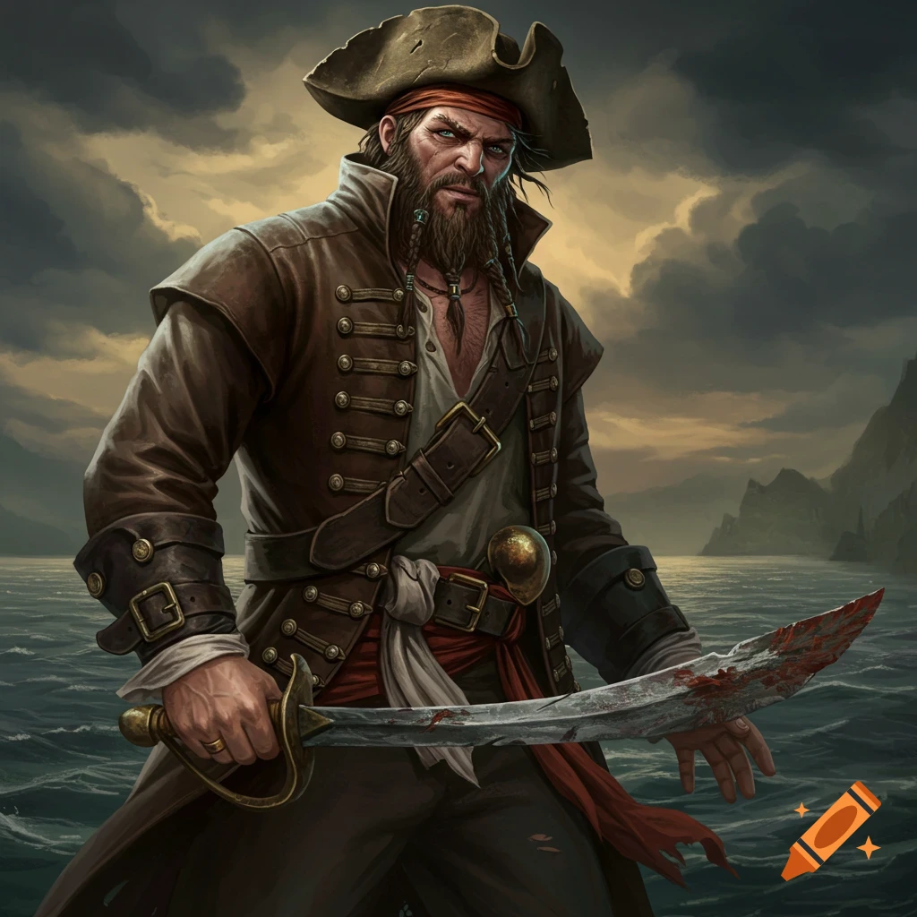 A stern pirate stands by the sea, holding a blood-stained cutlass.