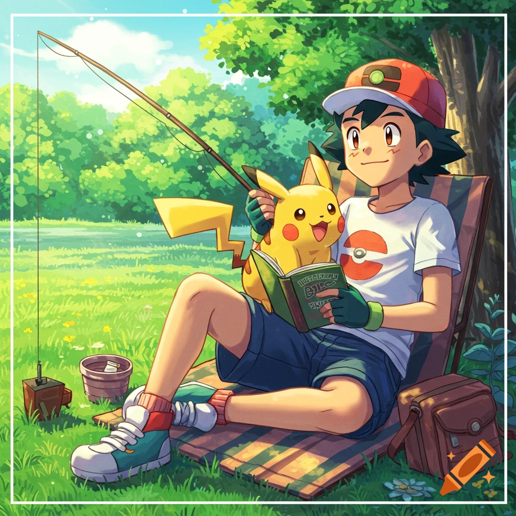 Ash and Pikachu fishing while reading a book in an anime style.