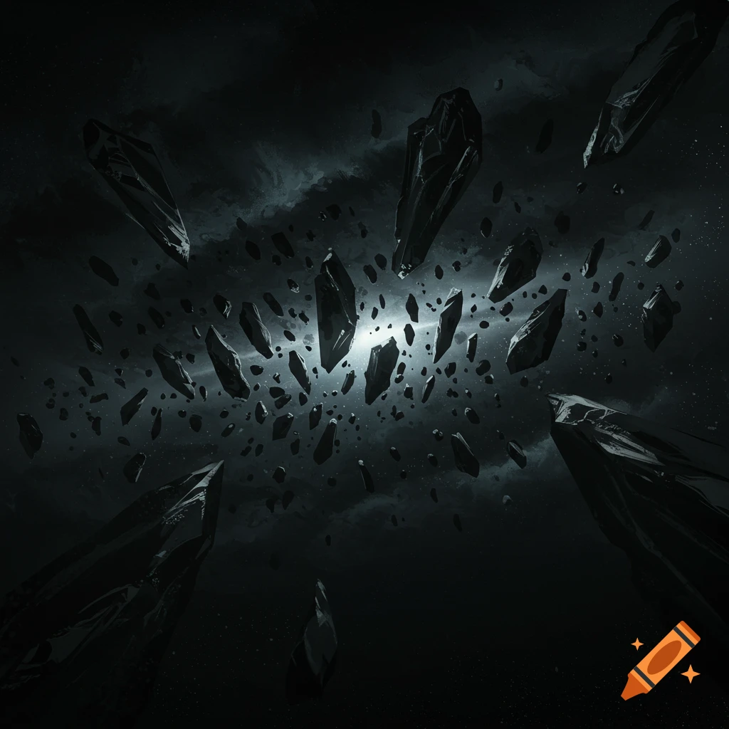 Dark jagged rocks float in a stormy space with a bright light
