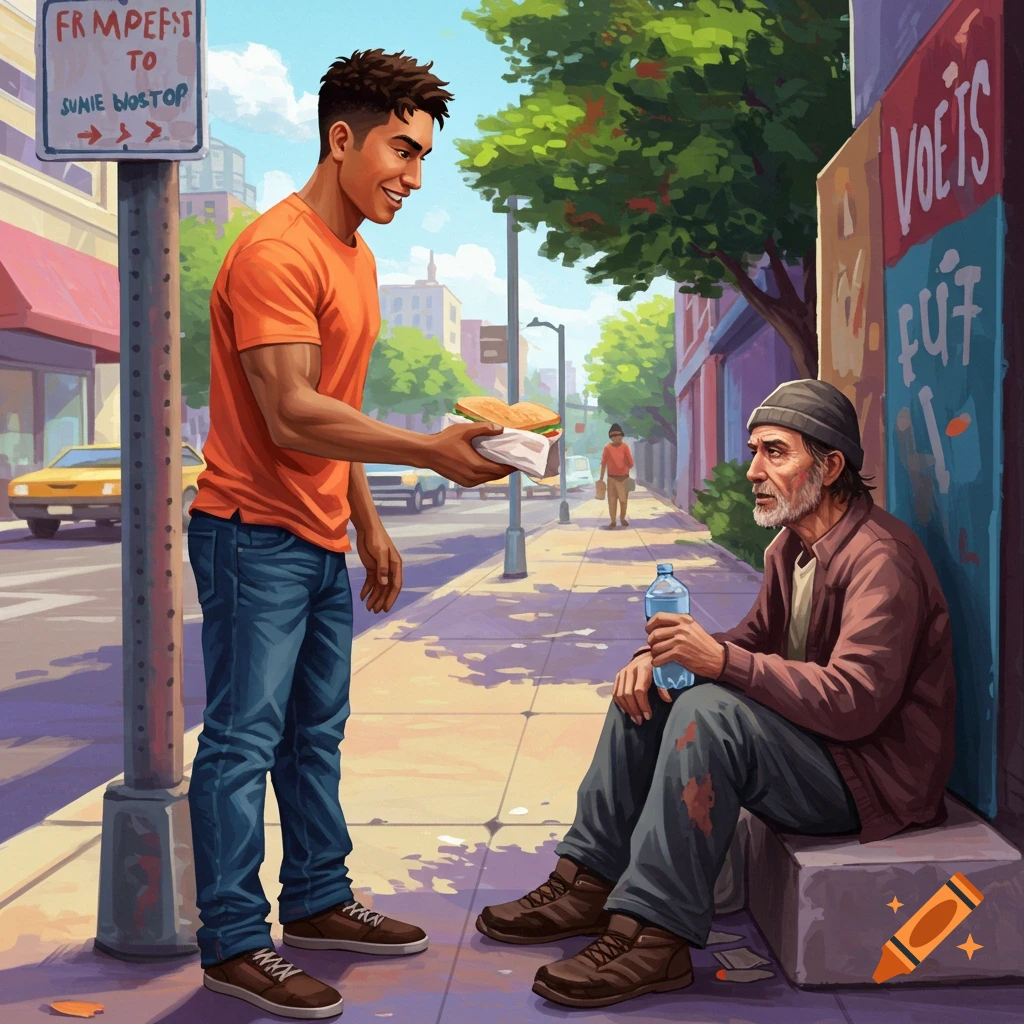 Man gives a sandwich to a homeless person on a street, illustration