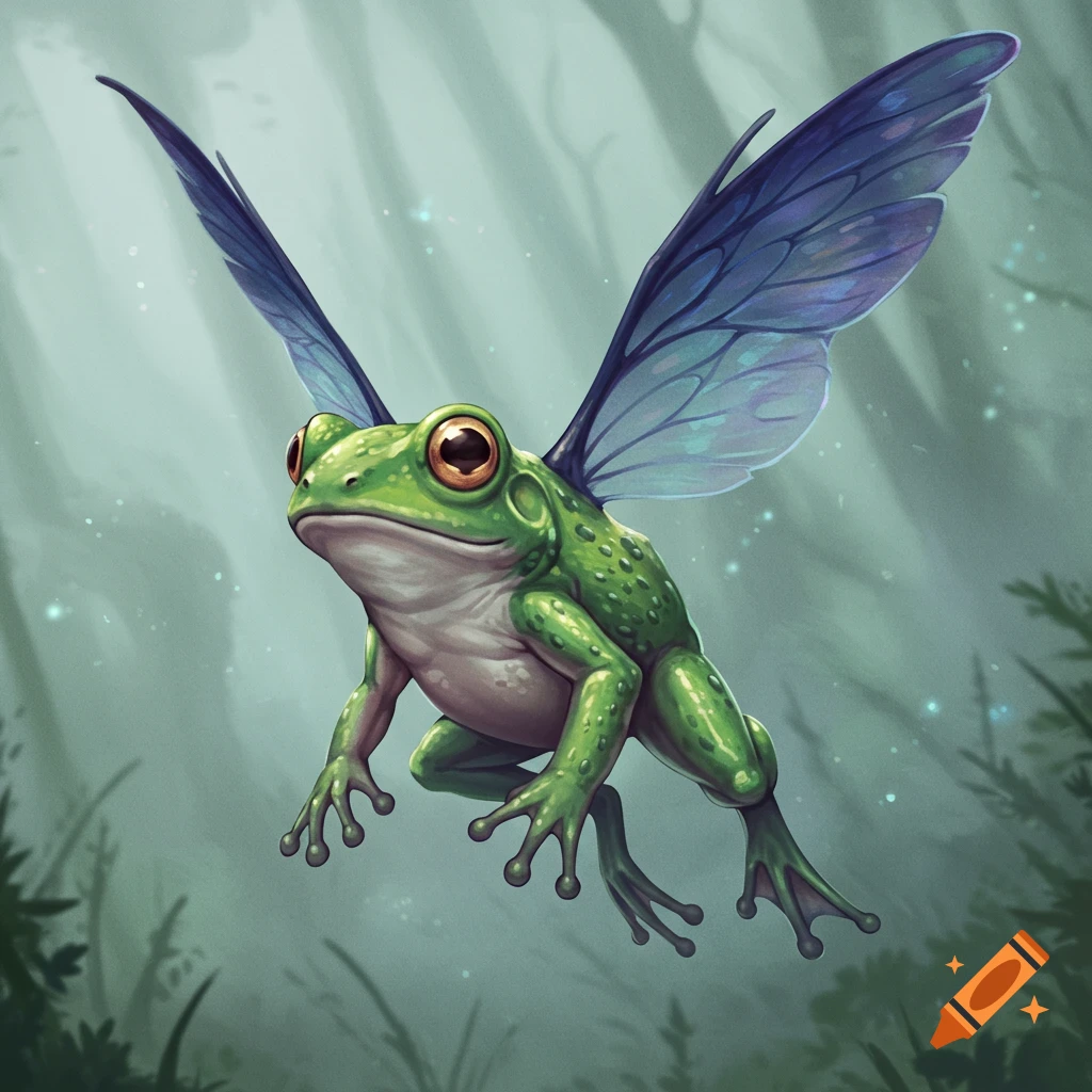 Digital art of a green frog with blue wings flying in a forest.
