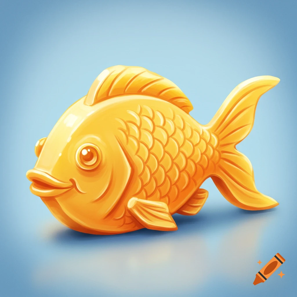 A shiny golden fish that appears to be made of cheese, set against a light blue background.