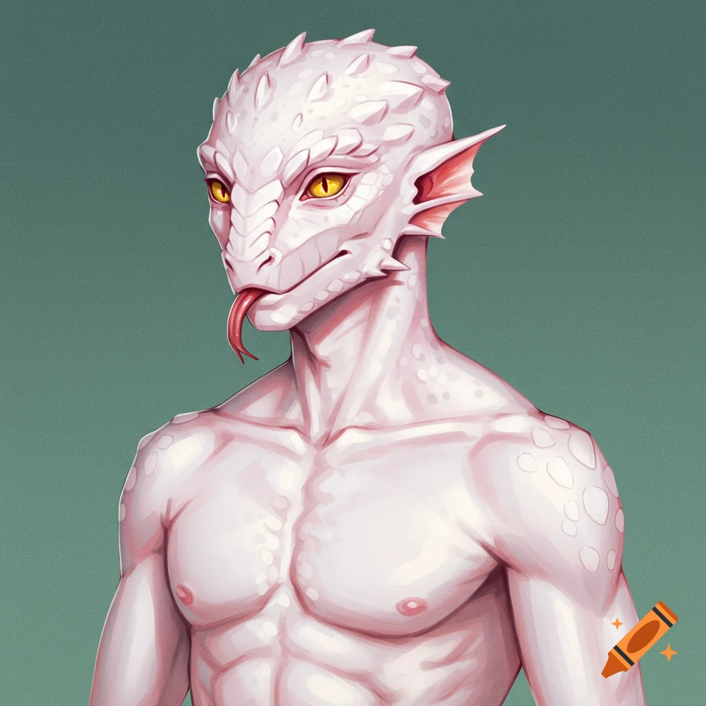 Portrait of an albino reptilian male humanoid with yellow eyes and forked tongue