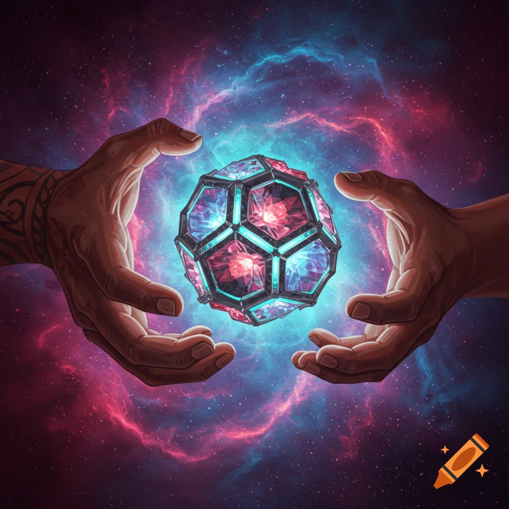 Two hands holding a glowing, crystalline object in space with a nebula background.