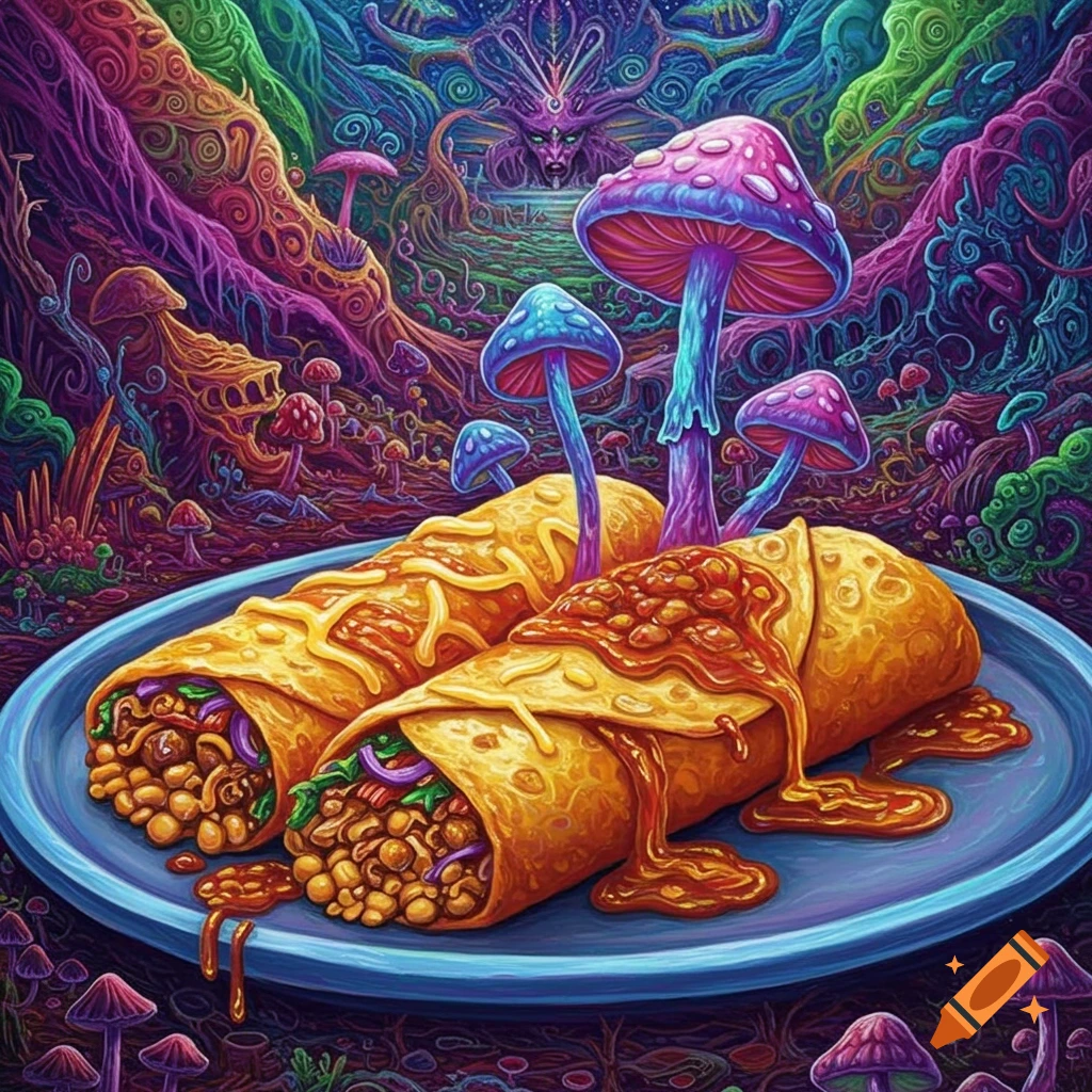 Two enchiladas on a blue plate in a vibrant, detailed psychedelic landscape with colorful trees and large mushrooms.