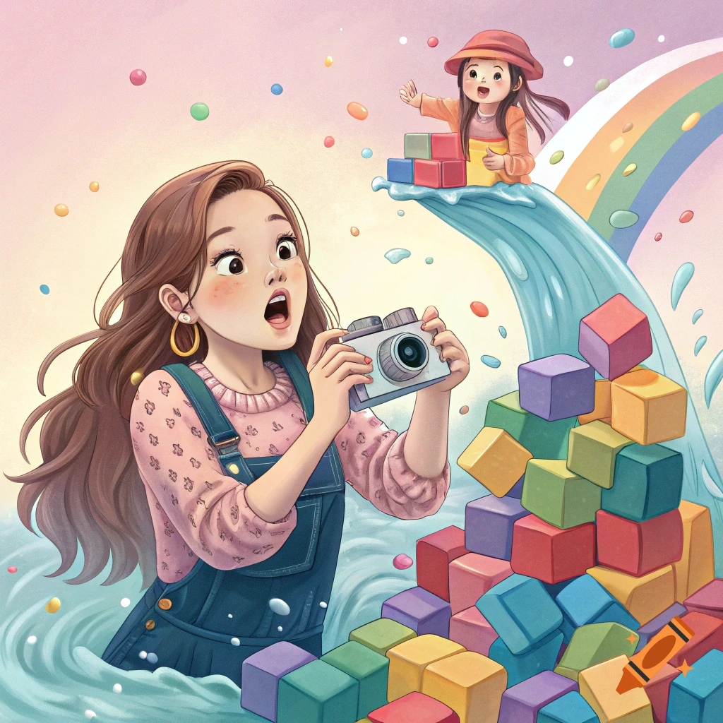 Cartoon illustration of a girl holding a camera in water, looking surprised as another girl stands on colorful blocks floating on a waterfall with a rainbow.