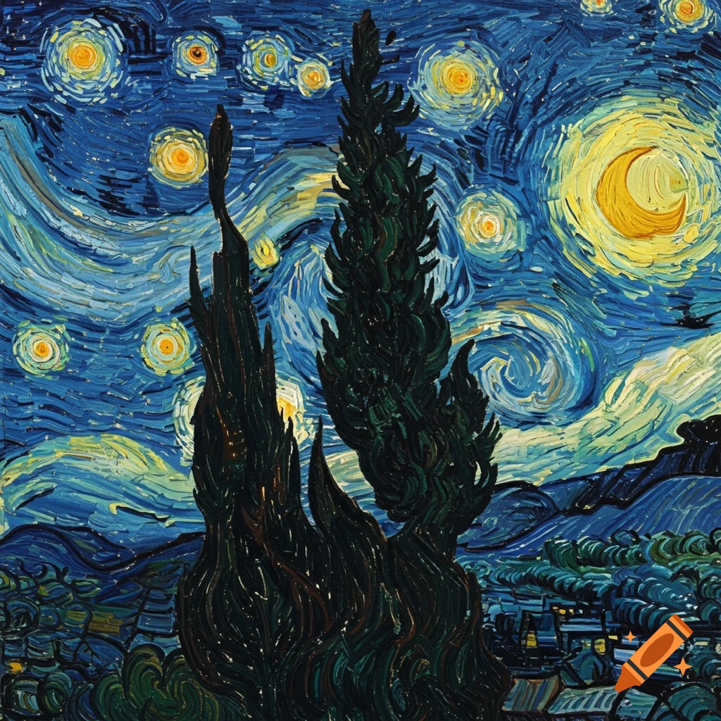 A painting in the style of Van Gogh's Starry Night showing a swirling blue sky, yellow stars and moon, cypress trees, and a village.