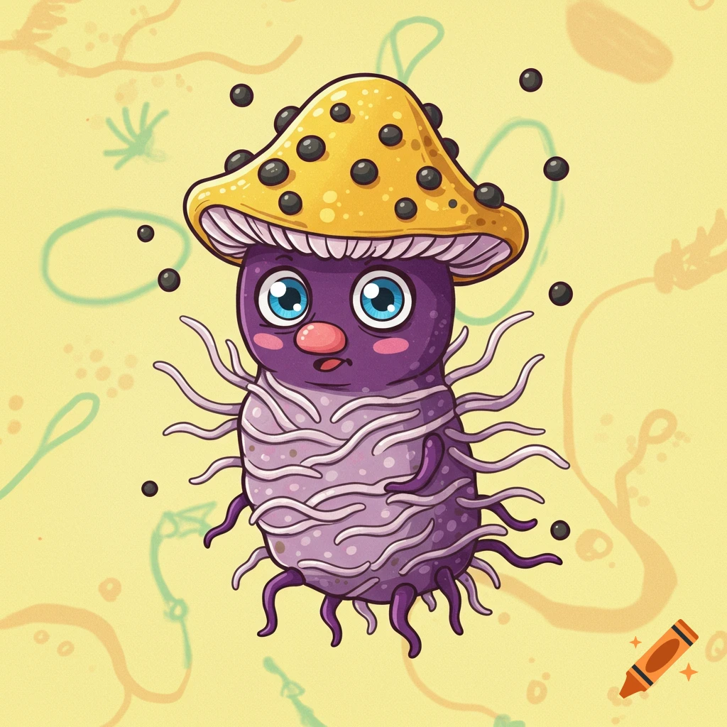 Cartoon microorganism character with a purple body, mushroom cap, tentacles, and large eyes.