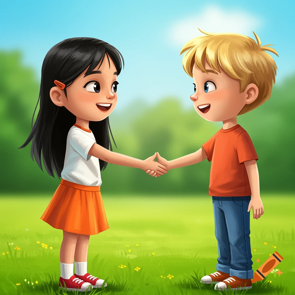 Cartoon illustration of a boy and girl shaking hands in a park.