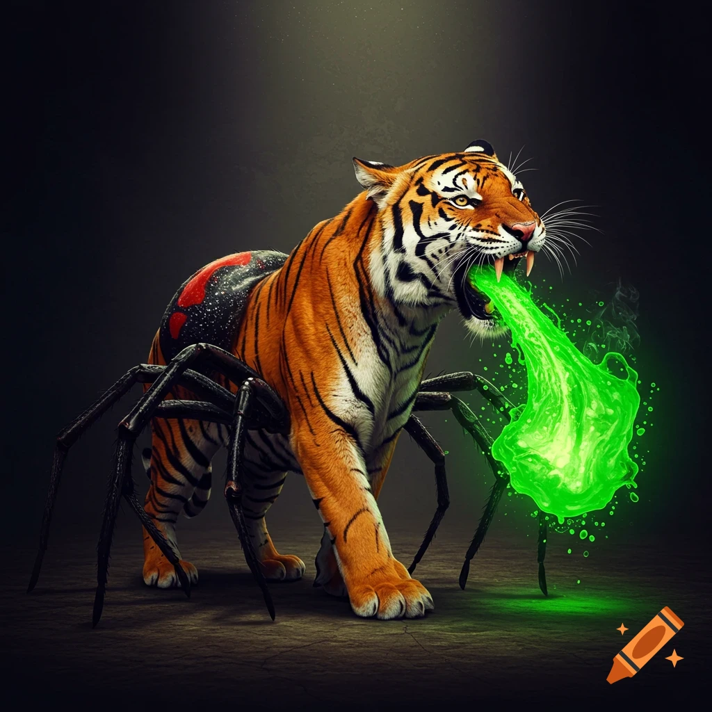 A fantasy creature that is a hybrid of a tiger and a spider stands on a dark floor, spitting bright green acid.