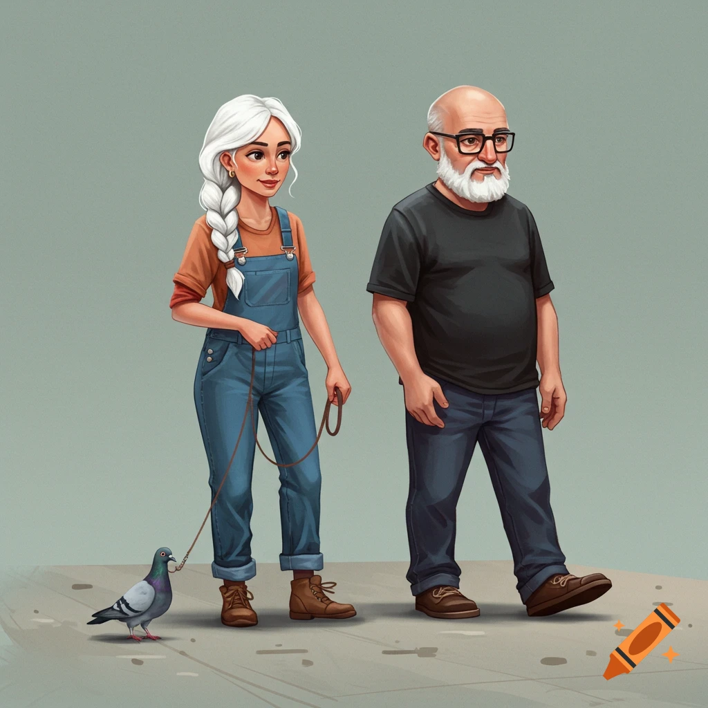 Illustration of a woman in overalls walking a pigeon on a leash next to a man in glasses.