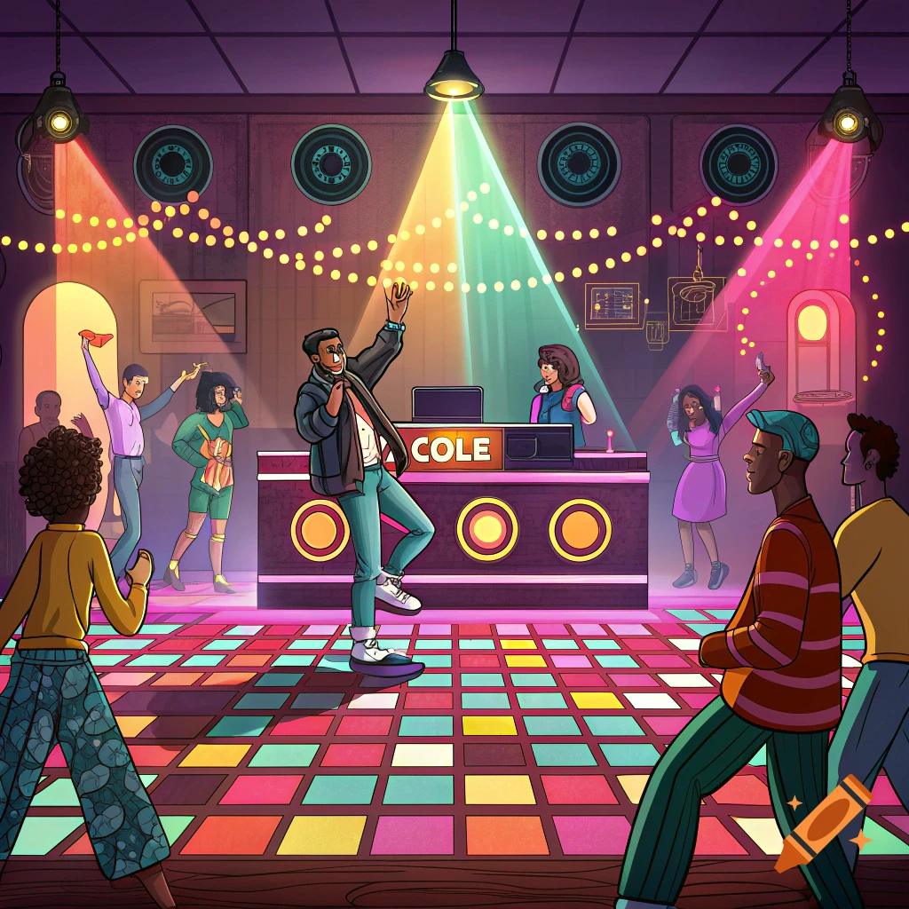Cartoon illustration of people dancing on a colorful disco floor with flashing lights and a DJ booth.