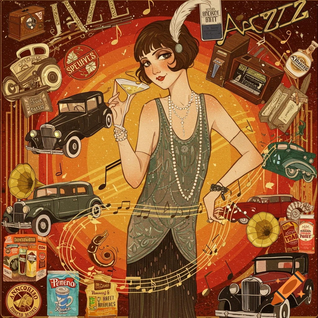 An illustrated collage in retro style featuring a flapper woman holding a drink, vintage cars, musical notes, gramophones, and labeled goods, evoking the 1920s jazz era.