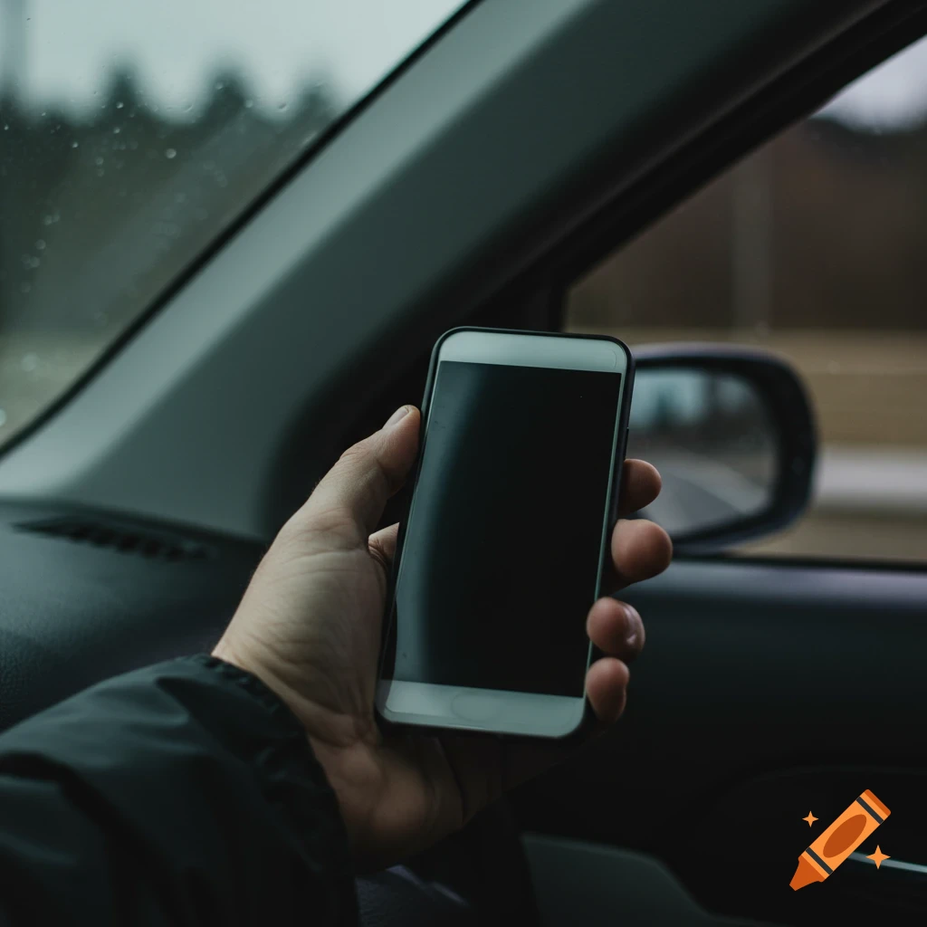 Close-up of a hand holding a smartphone inside a car