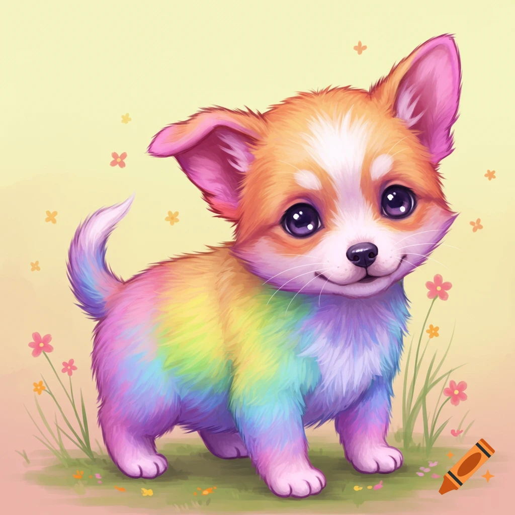 A cute, fluffy puppy with rainbow-colored fur stands in grass.