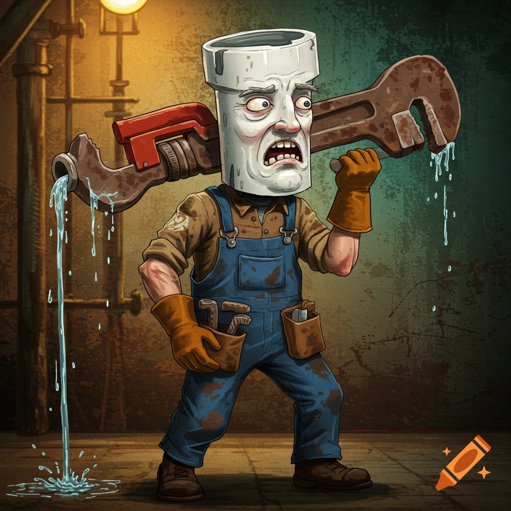 Cartoon plumber character with a pipe head carrying a large dripping wrench.