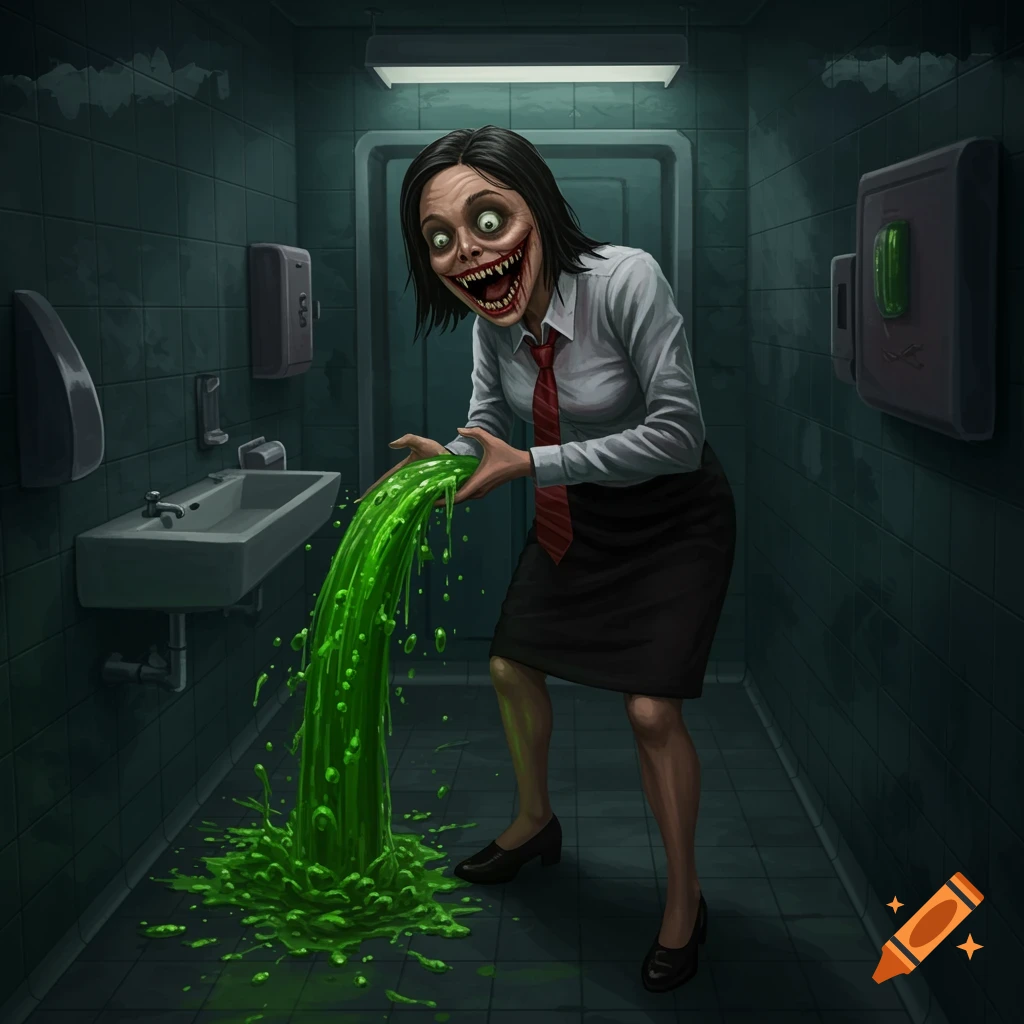 A grotesque, monstrous figure with wide eyes and sharp teeth throws up green liquid into a bathroom sink.