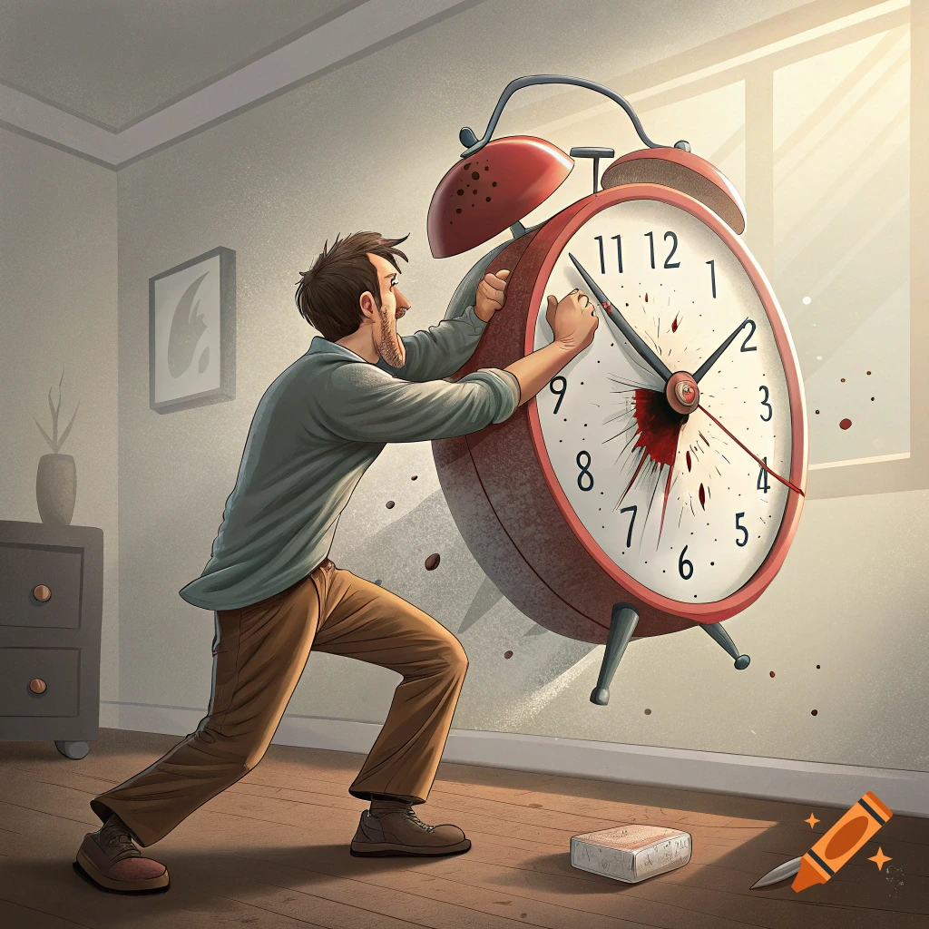 A man struggles against a giant red alarm clock in a room.