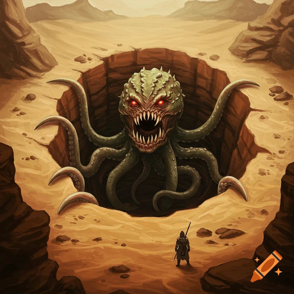 A large tentacled monster with sharp teeth emerges from a pit in a desert, facing a small human figure.
