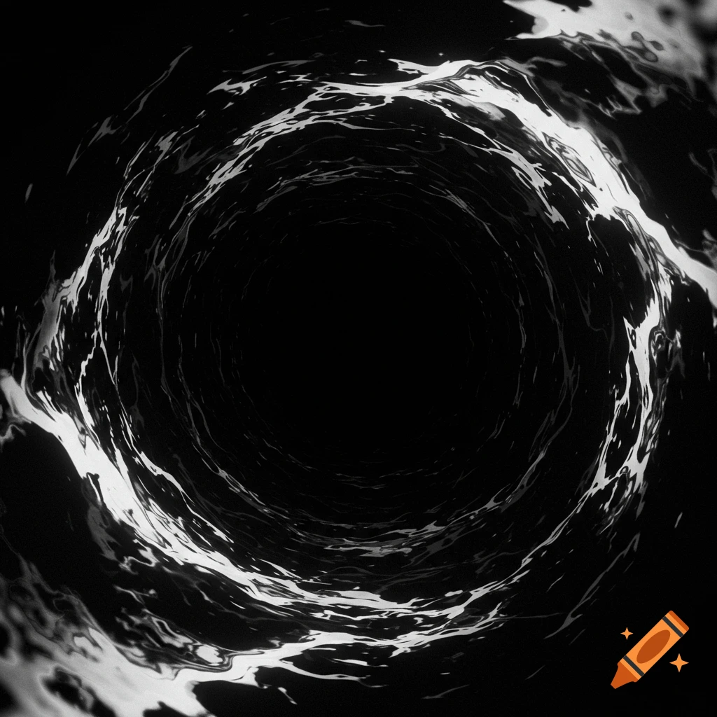 A swirling black and white abstract tunnel leading into a dark void.