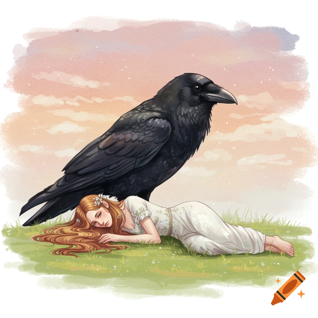 Watercolor illustration of a woman lying in grass with a large black raven standing behind her.