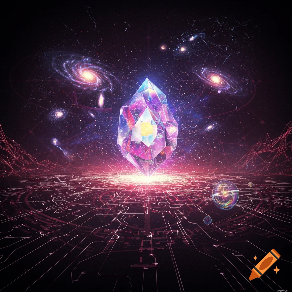 Large glowing crystal on futuristic circuit lines in space with galaxies.
