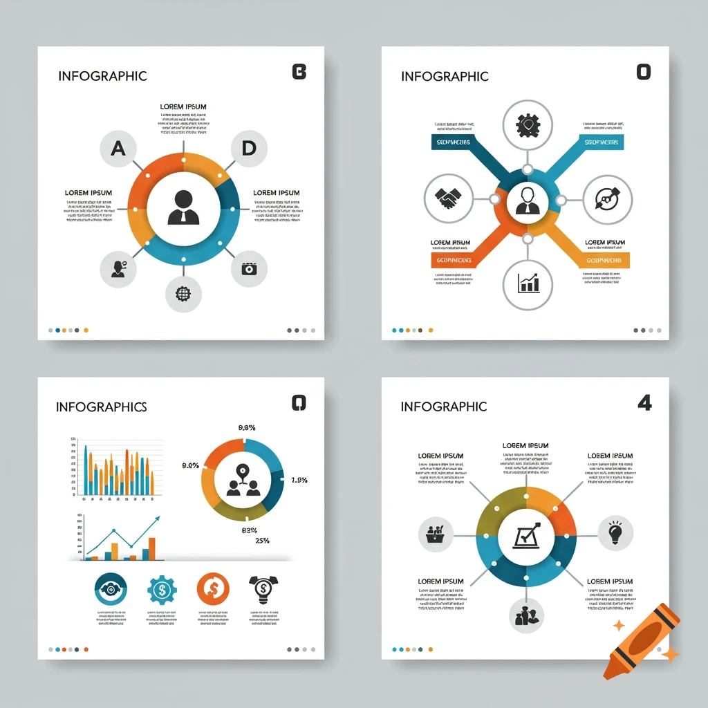 Four different infographic layouts with charts, diagrams, icons, and placeholder text.