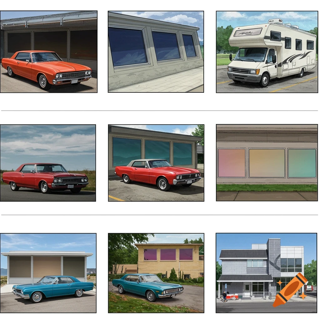 Grid of illustrations showing vintage cars, an RV, and buildings.