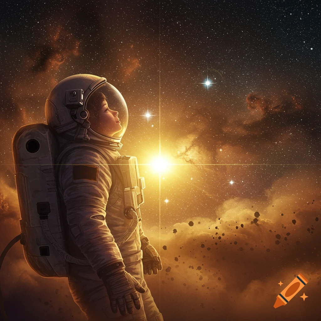 Illustration of an astronaut looking up at a bright star in a colorful, cloudy space scene.