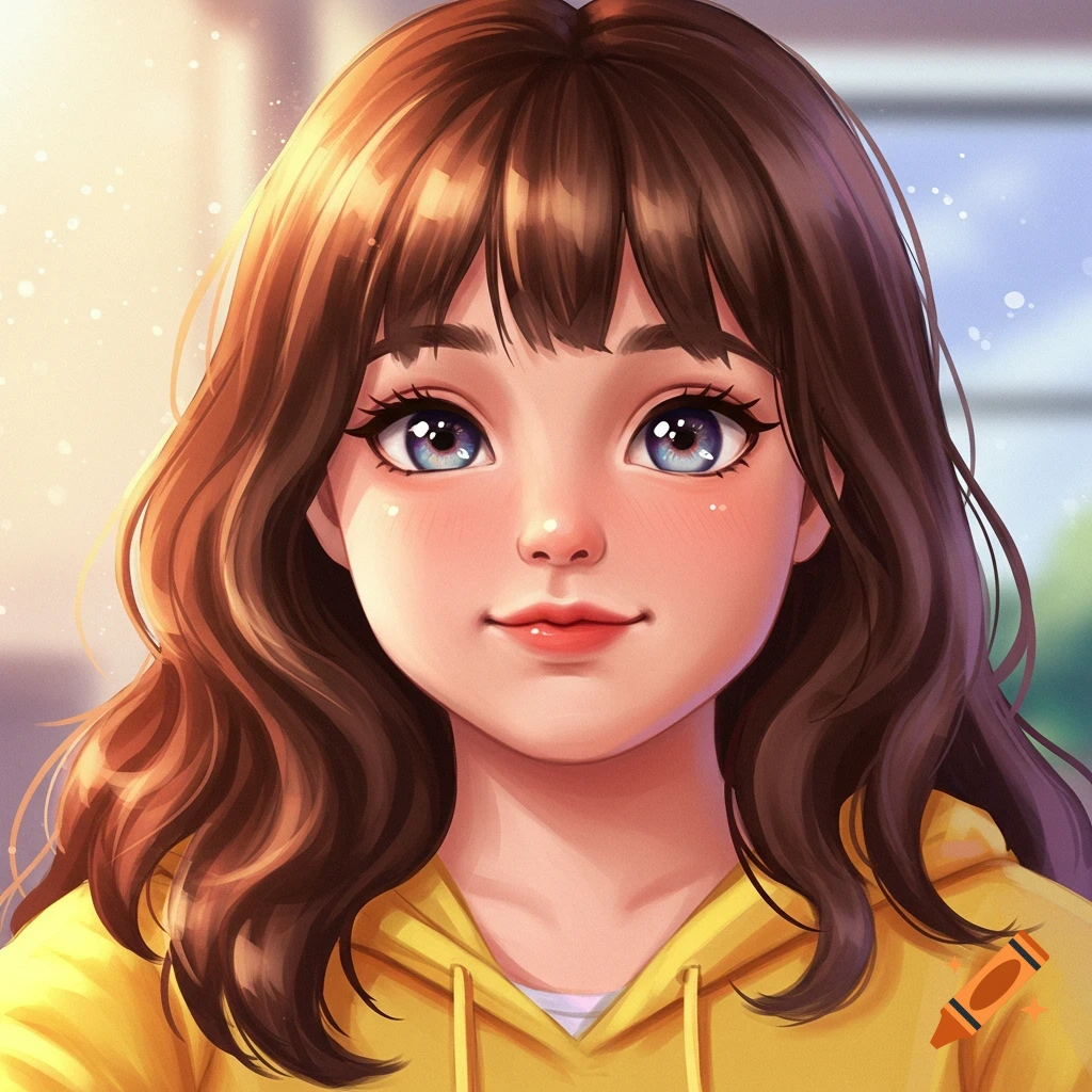An anime style portrait of a young woman with long brown hair and blue eyes, wearing a yellow hoodie.