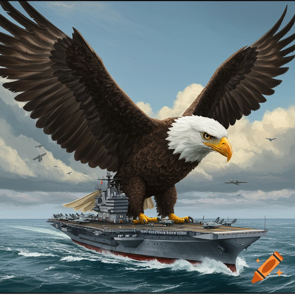 A giant bald eagle stands on the deck of an aircraft carrier sailing on the sea with planes flying.
