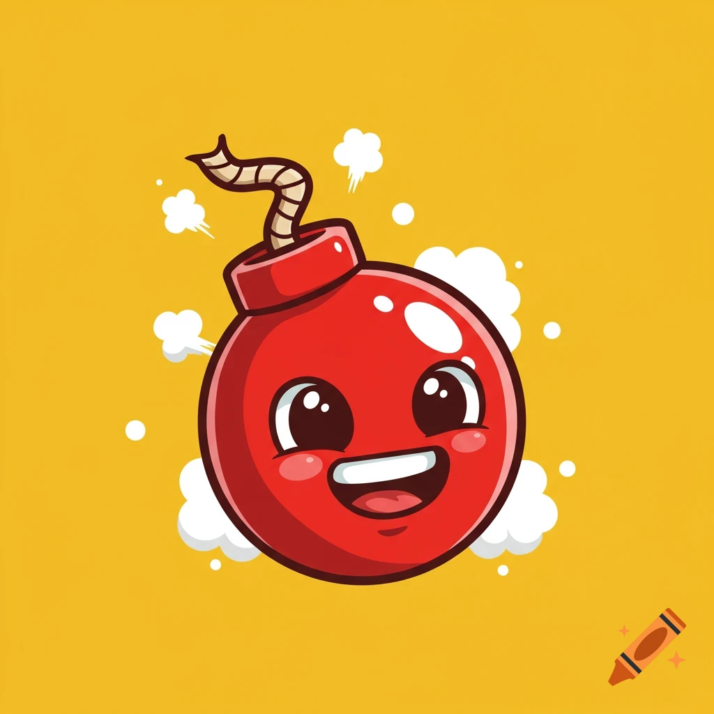 A cartoon red bomb with a happy face on a yellow background.