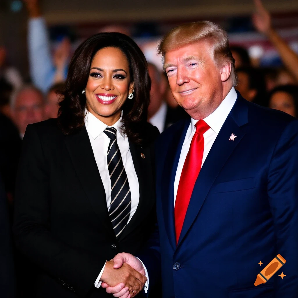 Donald Trump and Kamala Harris shake hands at an event.