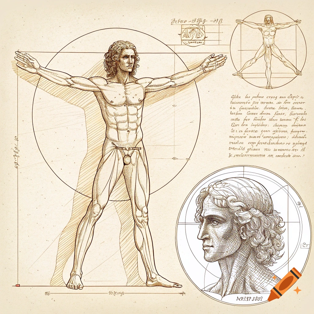 Sketch of a nude male figure in the style of Leonardo da Vinci's Vitruvian Man, with annotations and diagrams.