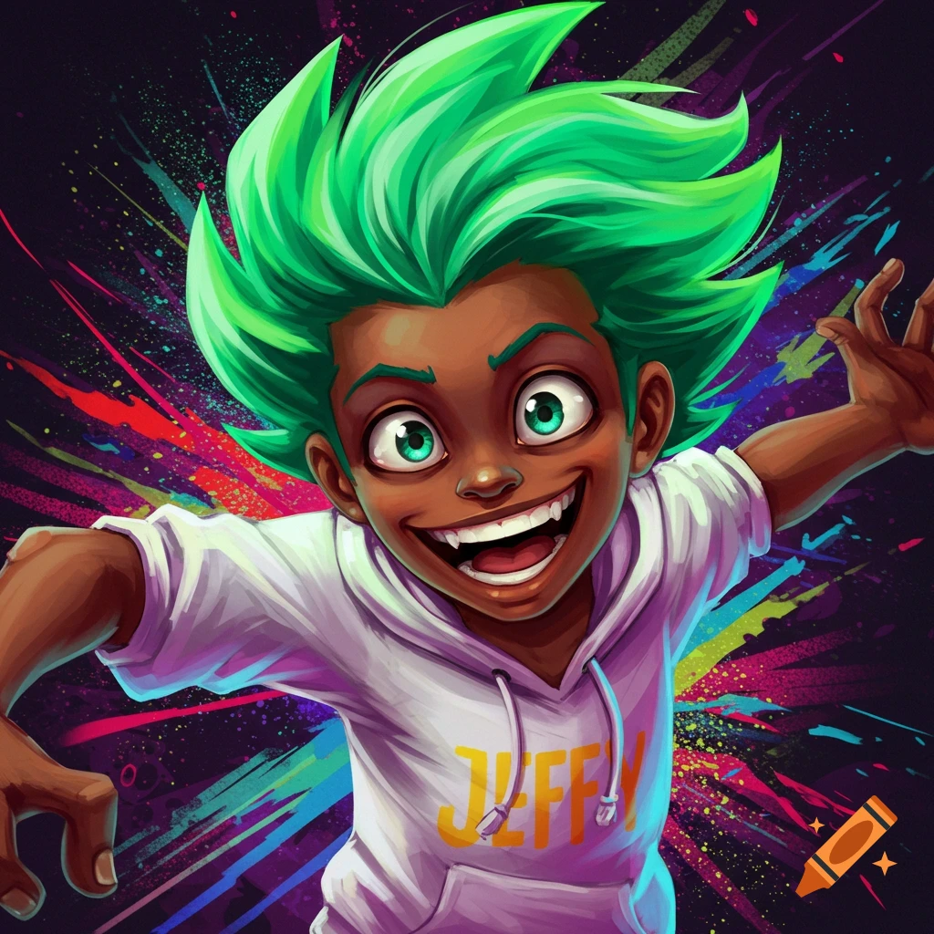 Cartoon illustration of a boy with bright green spiky hair and wide eyes, wearing a white hoodie with 'JEFFY!' on it, against a colorful splatter background.