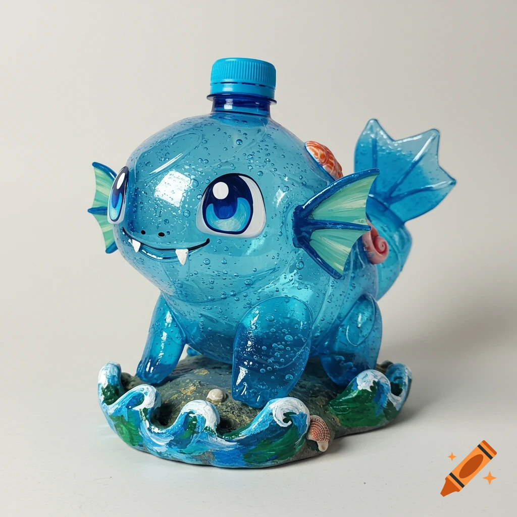 A cute blue water creature sculpture made from a plastic bottle, sitting on a rock with waves.