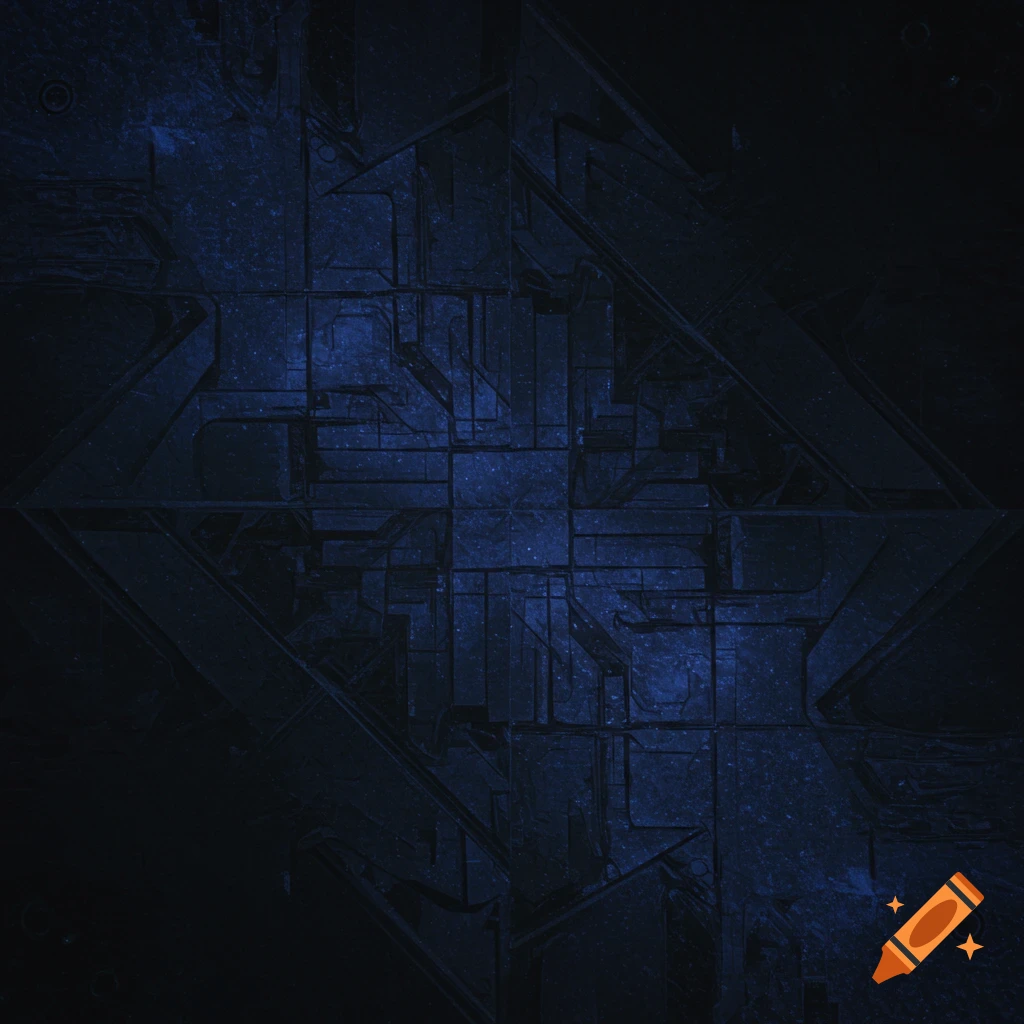 Dark blue textured background with a central intricate geometric pattern.