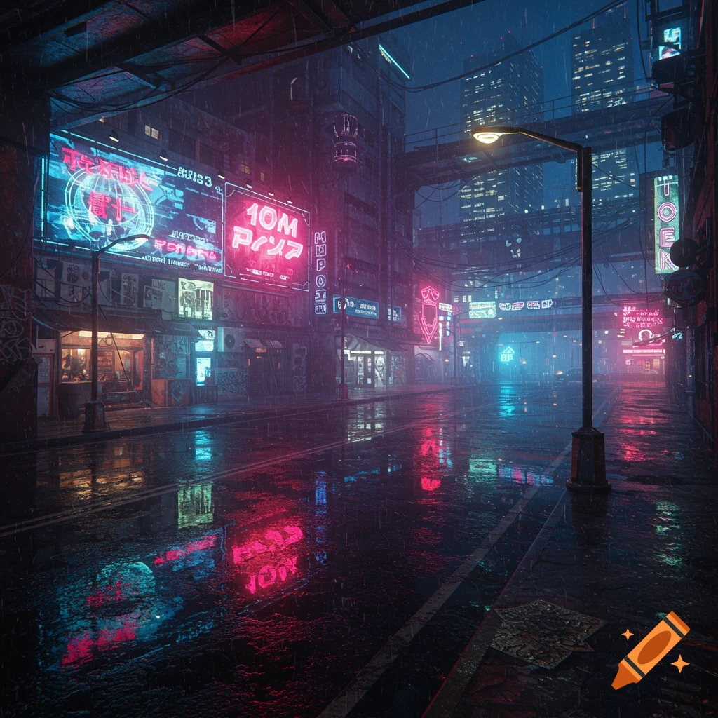 Neon-lit cyberpunk street scene at night, raining, with glowing signs reflecting on the wet pavement.