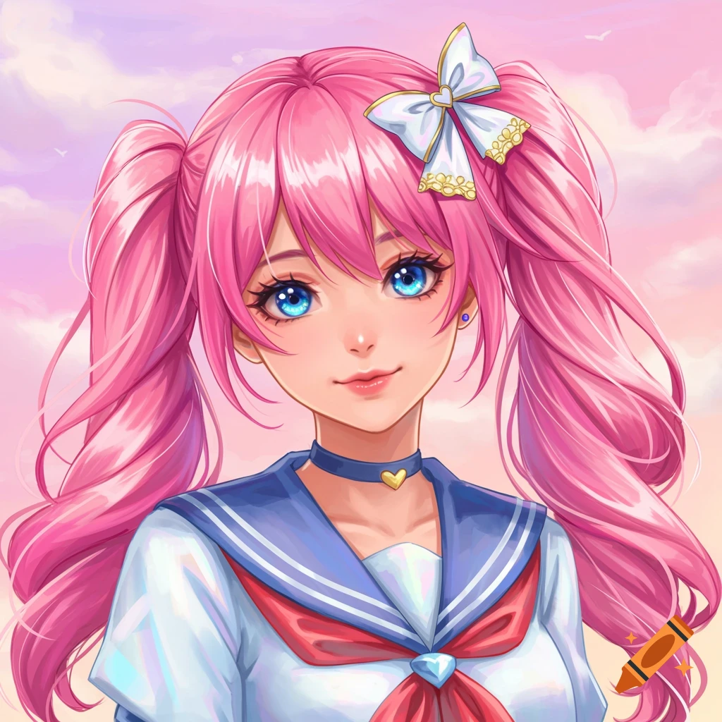 Anime girl with pink hair and blue eyes in a school uniform.