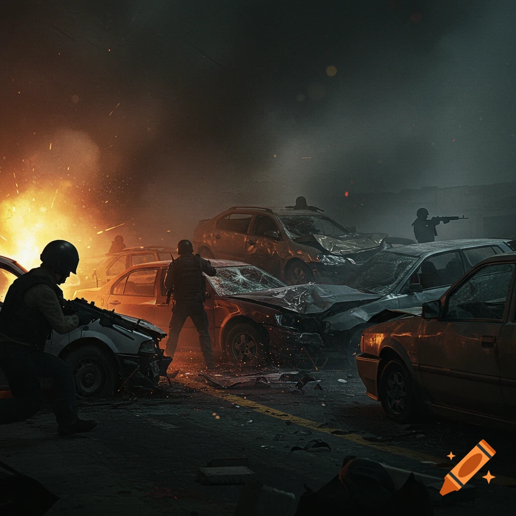 Soldiers engage in an ambush amidst a chaotic pileup of wrecked cars with fire and smoke.