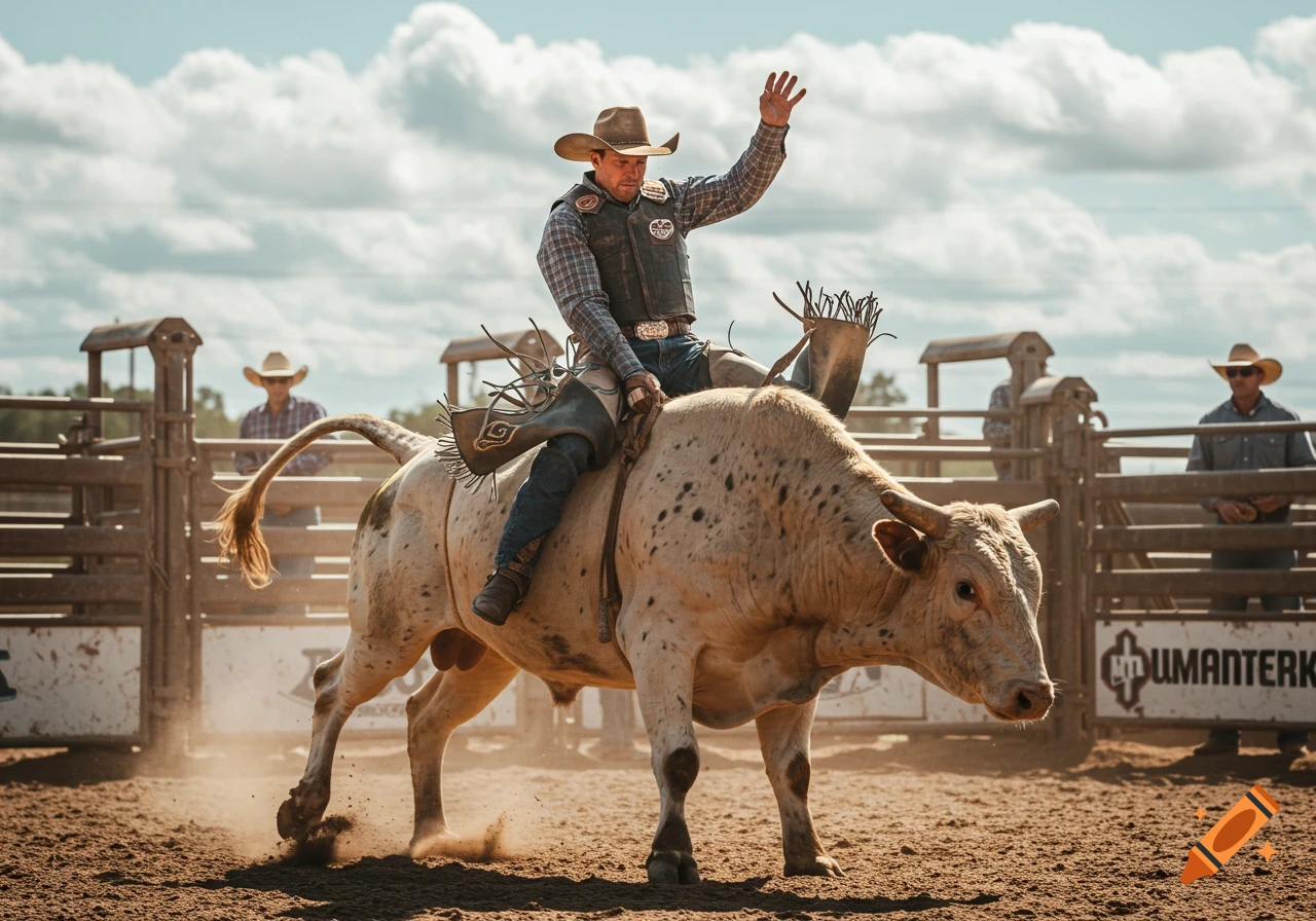 Photorealistic image of a cowboy riding a bucking spotted bull in a rodeo arena.