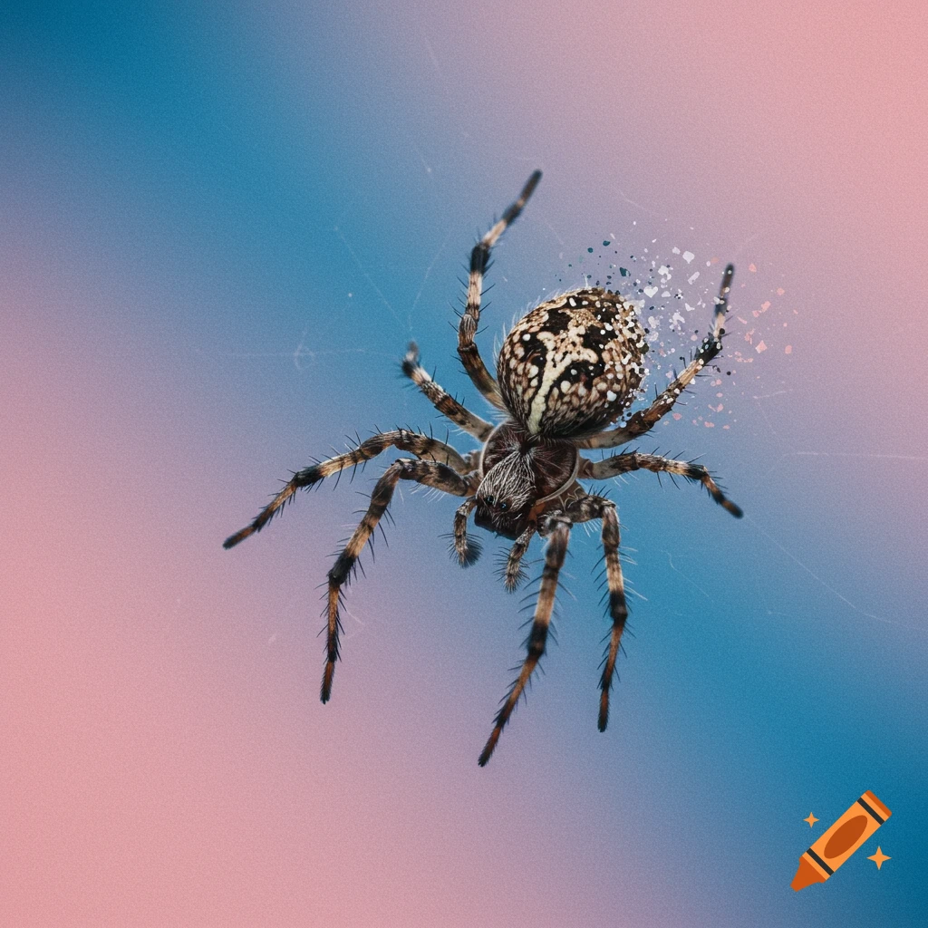 Close-up of a spider dissolving into particles against a pink and blue background.