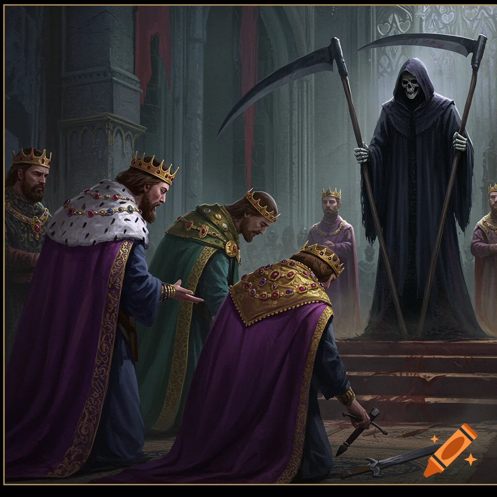 Kings bow before the Grim Reaper in a dark fantasy illustration